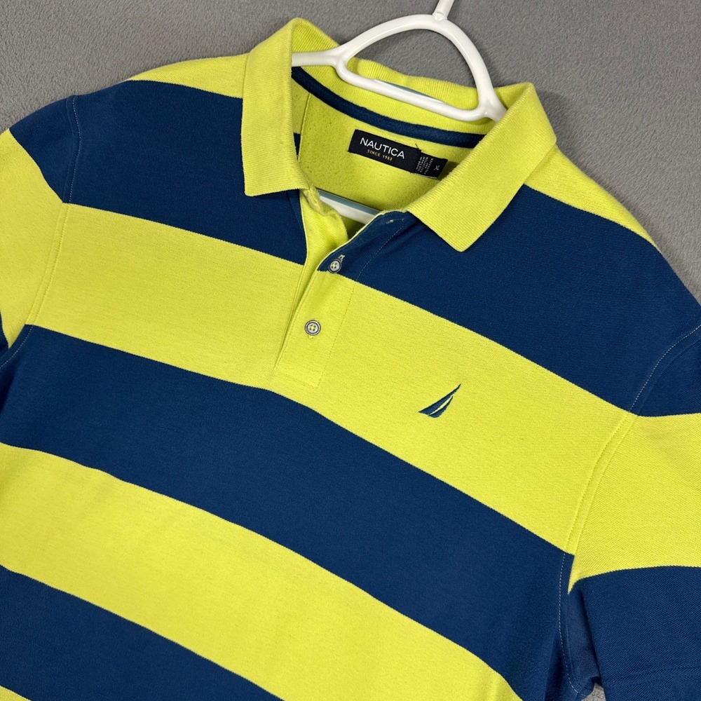 Nautica Polo Shirt Mens XL Yellow Blue Striped Short Sleeve Cotton Blend Pique